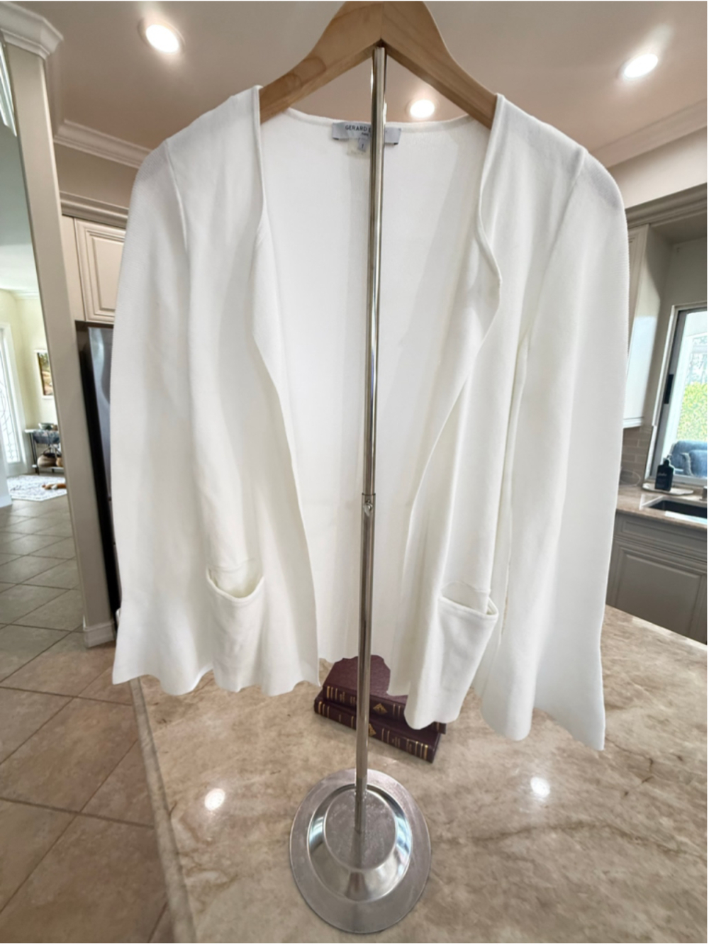 Gerard Darel White Open Front Cardigan Sweater designer size 1, bell sleeve pock